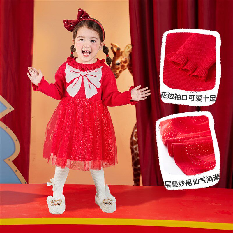 宝宝裙子冬季加厚儿童公主裙红色喜庆小童童装过年女童连衣裙冬装