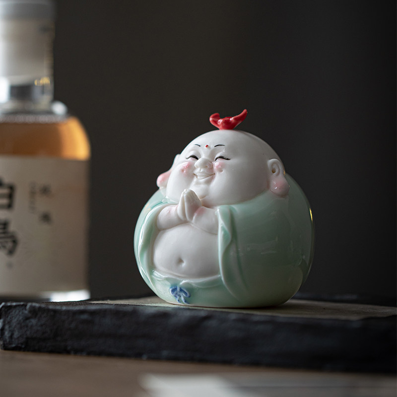 创意陶瓷大肚弥勒佛摆件可爱招财笑佛家居客厅办公桌面装饰工艺品