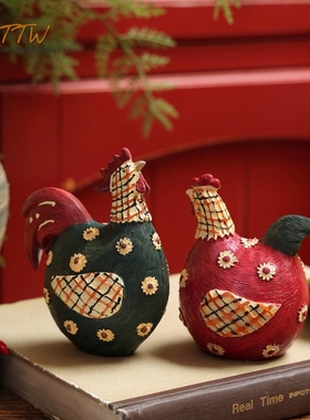 田园欧美乡村情侣鸡动物桌面摆放吉祥寓意创意红色可爱花纹手工品