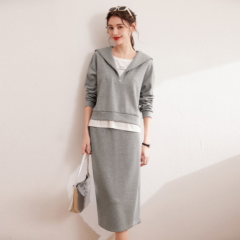白鹿语卫衣半身裙两件套2024秋海军领撞色拼接落肩微弹宽松套装女