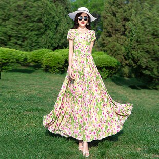 雪纺碎花连衣裙女2024夏季短袖长款大摆到脚踝显瘦长裙海边沙滩裙