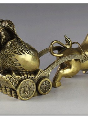 纯铜牛拉白菜百财摆件黄铜牛拉财车牛店铺开业客厅工艺品摆件家居