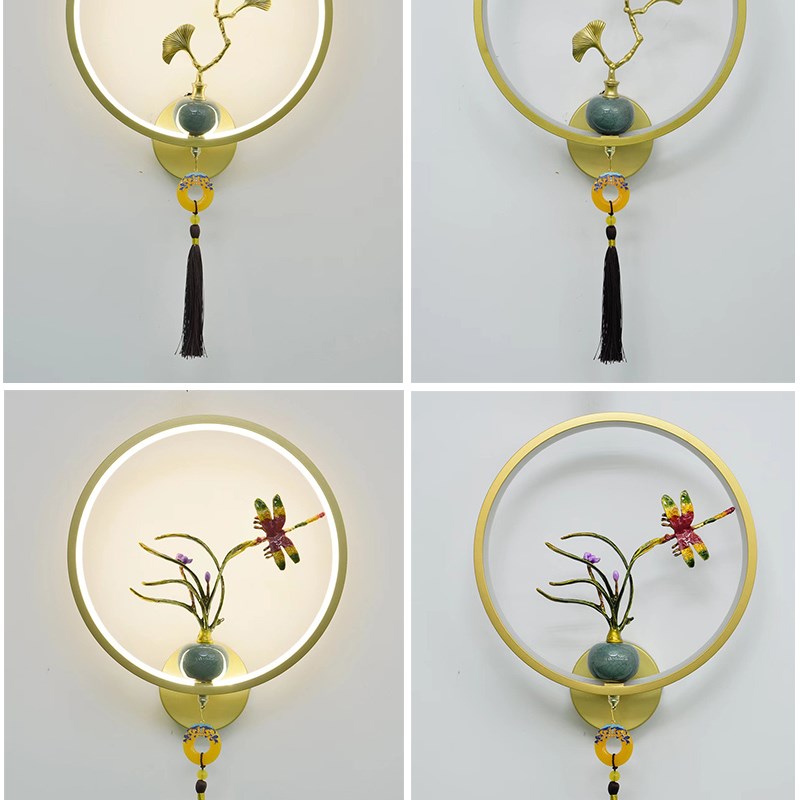 新款金色新中式客厅卧室床头壁灯背景墙电视墙灯茶室过道走廊圆形