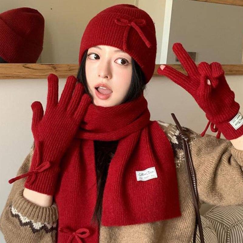 2025新款围巾蝴蝶结纯色毛线帽子手套三件套保暖防寒针织围脖女潮