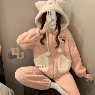 卡通可爱连帽睡衣女款冬季加绒加厚粉色甜美2025新款珊瑚绒家居服