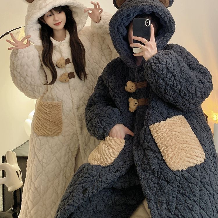 情侣睡衣女秋冬季加厚加绒珊瑚绒睡袍/浴袍