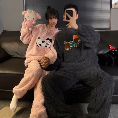 珊瑚绒睡衣ins风情侣装冬季加绒加厚笑脸男女款可外穿家居服套装