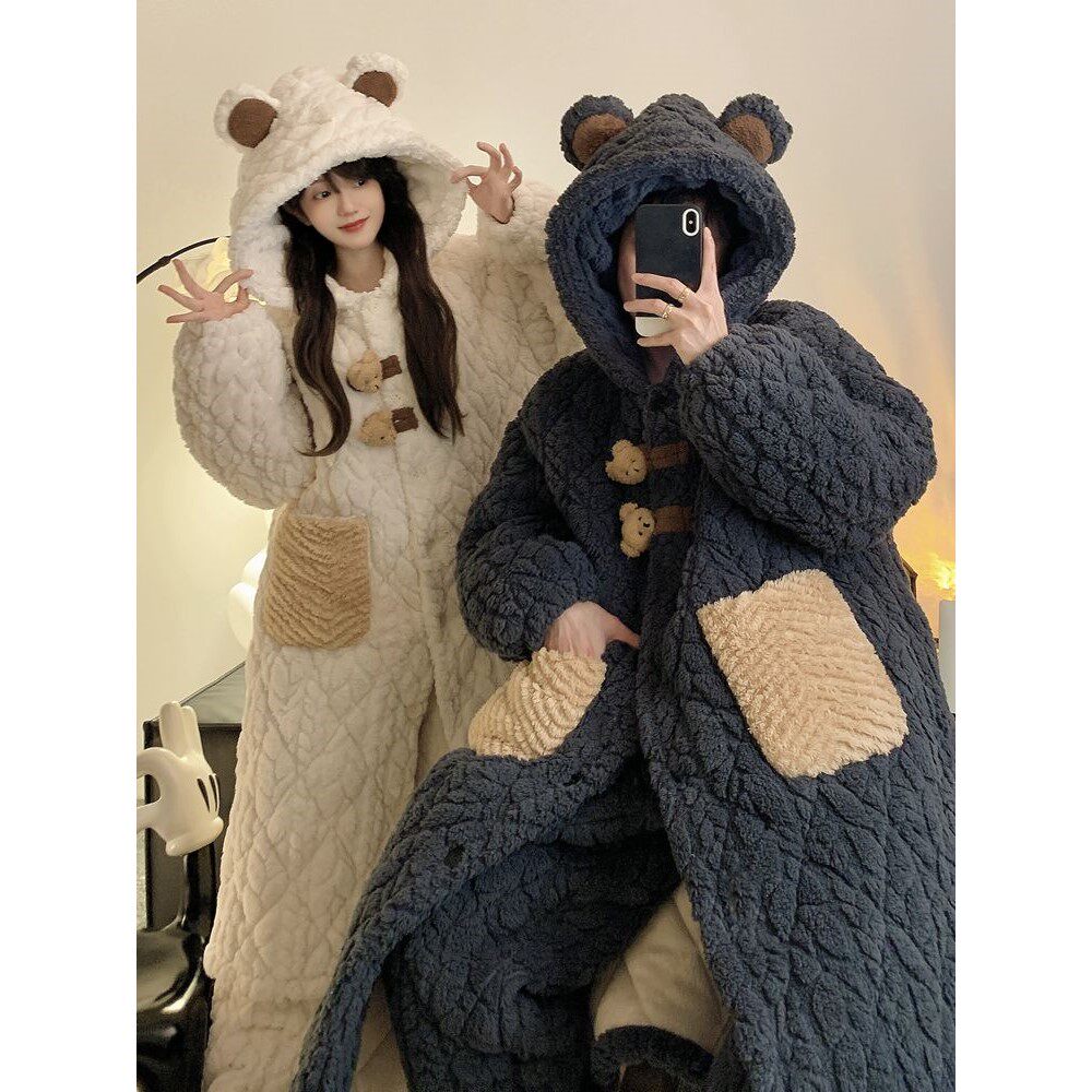 情侣睡衣女秋冬季加厚加绒珊瑚绒三层夹棉小熊韩版男士家居服套装,女士内衣/男士内衣/家居服,睡袍/浴袍,淘宝优惠券,粉丝福利购,淘宝优惠卷