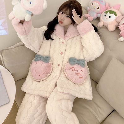 夹棉睡衣女士三层珊瑚绒冬季加绒加厚甜美少女草莓保暖家居服套装
