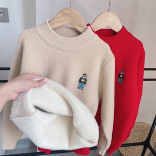 儿童一体绒毛衣秋冬款男童打底衫加绒加厚女孩针织衫2023中童新品