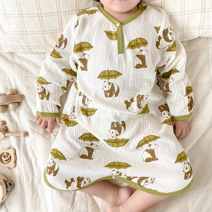 2024秋款婴儿睡裙纯棉纱布儿童睡裙防踢被宝宝长袖纱布睡衣