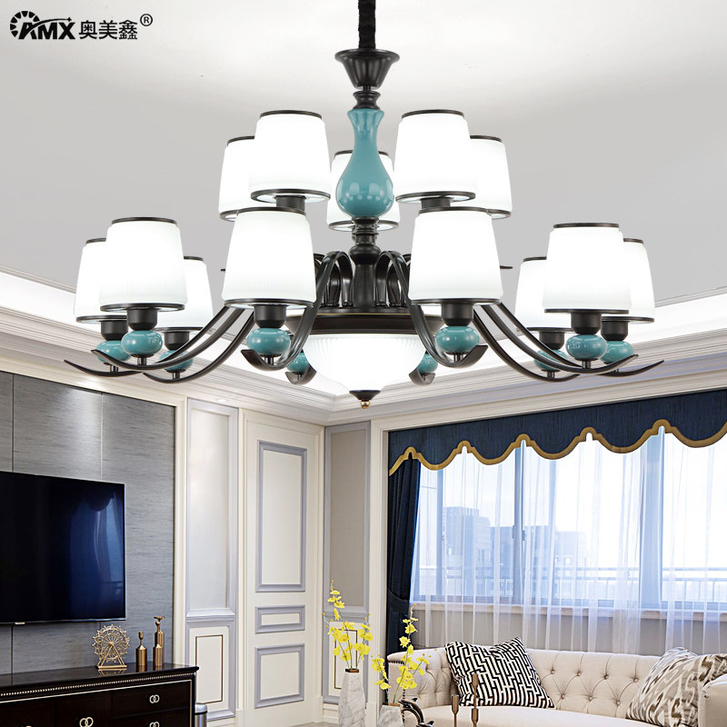 美式客厅吊灯简约田园卧室餐厅欧式铁艺家用陶瓷防尘2021新款吊灯