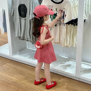 女童儿童夏季新款显白红色格子系绳吊带连衣裙夏款童装度假风裙子