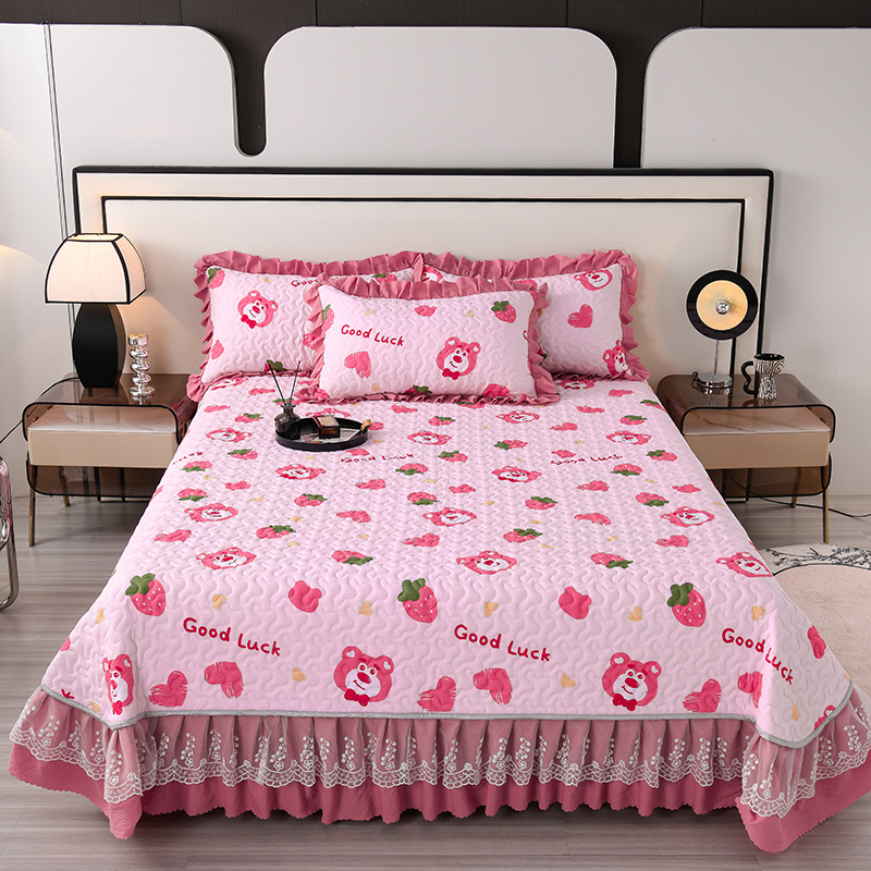 新款亲肤泡泡棉蕾丝花边床盖三件套床罩带裙边四季通用防滑可机洗