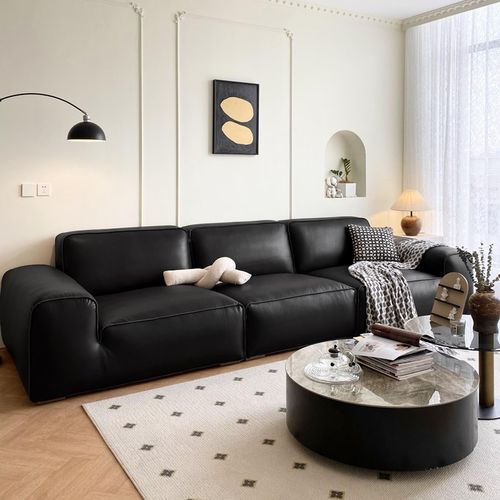 大黑牛全真皮沙发中古客厅黑色2024新款靠墙直排一字型开边三人位
