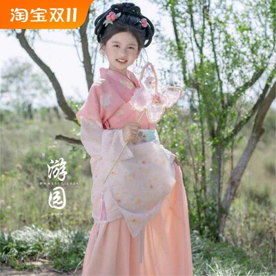 绝美平民汉服女童宋制中国风古装唐代女孩超仙气粉色碎花连衣裙子