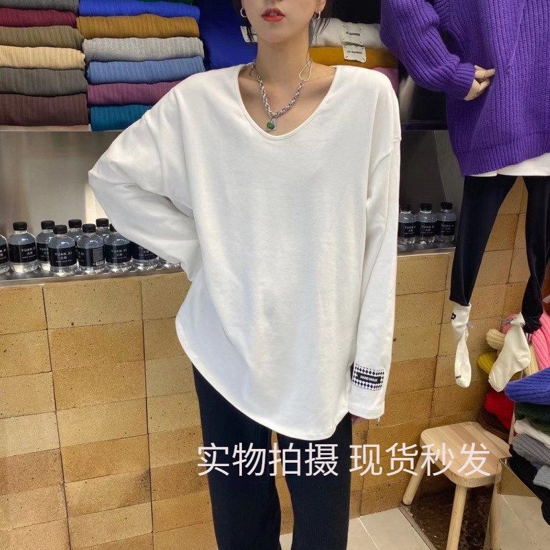 元熙506磨毛加厚贴标设计感宽松V领白色纯棉长袖T恤女2024春秋新,女装/女士精品,T恤,淘宝优惠券,粉丝福利购,淘宝优惠卷