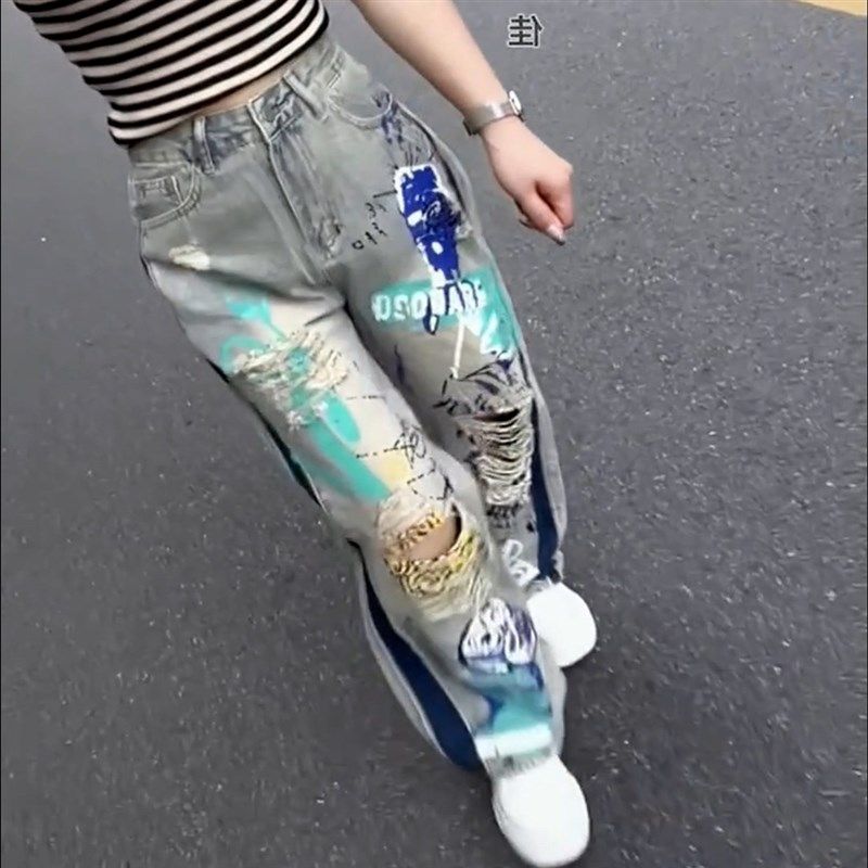 2025年新款夏季美式街头涂鸦破洞彩绘牛仔裤女直筒宽松阔腿潮牌,女装/女士精品,大码裤装,淘宝优惠券,粉丝福利购,淘宝优惠卷
