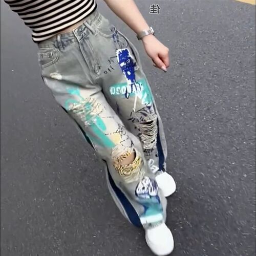 2025年新款夏季美式街头涂鸦破洞彩绘牛仔裤女直筒宽松阔腿潮牌