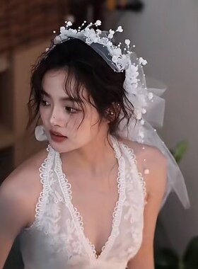 法式优雅新娘头纱超仙森系花环发箍拍照结婚主纱领证登记珍珠发饰