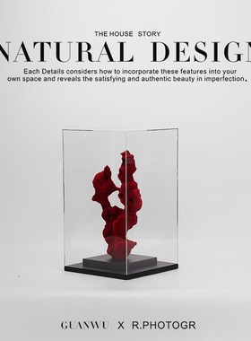 现代新中式红色植绒太湖石亚克力罩摆件展厅酒店大堂玄关隔断饰品