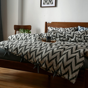 黑色暗色系双层纱全棉四件套双人1.5/1.8m床纯棉床单床笠绑绳被套