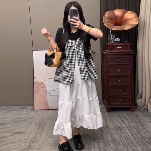 格子拼接假两件吊带连衣裙T恤胖mm2025夏季新款显瘦宽松大码女装