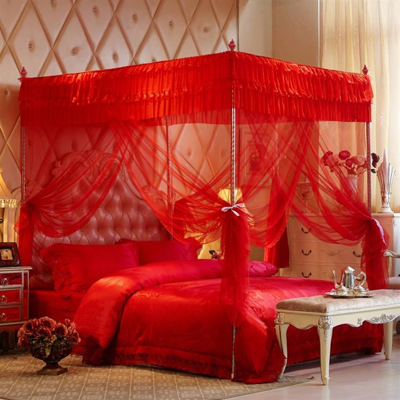蚊帐结婚家用红色宫廷床帐落地婚房床幔加密单纹帐公主风帐子床帘