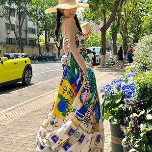 復古印花吊帶連衣裙女夏季 大碼 女裝 胖mm法式 設計感小眾長裙子 新款
