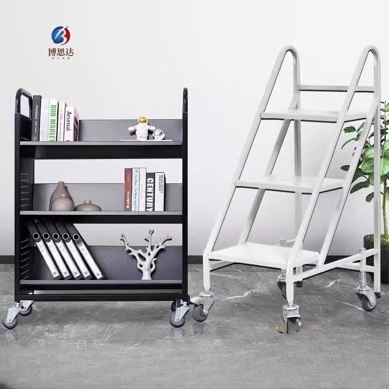 图书馆书车二层三层V型平板书车档案室移动静音轮三步书梯小推车