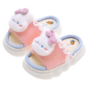 儿童亲子厚底亚麻拖鞋 宝宝H可爱 室内男童凉拖鞋 防滑家居女童F四季