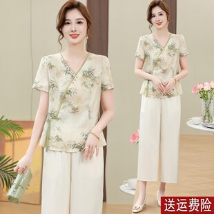 洋气妈妈夏装短袖雪纺衫时尚上衣服2025新款中式套装中老年t恤女