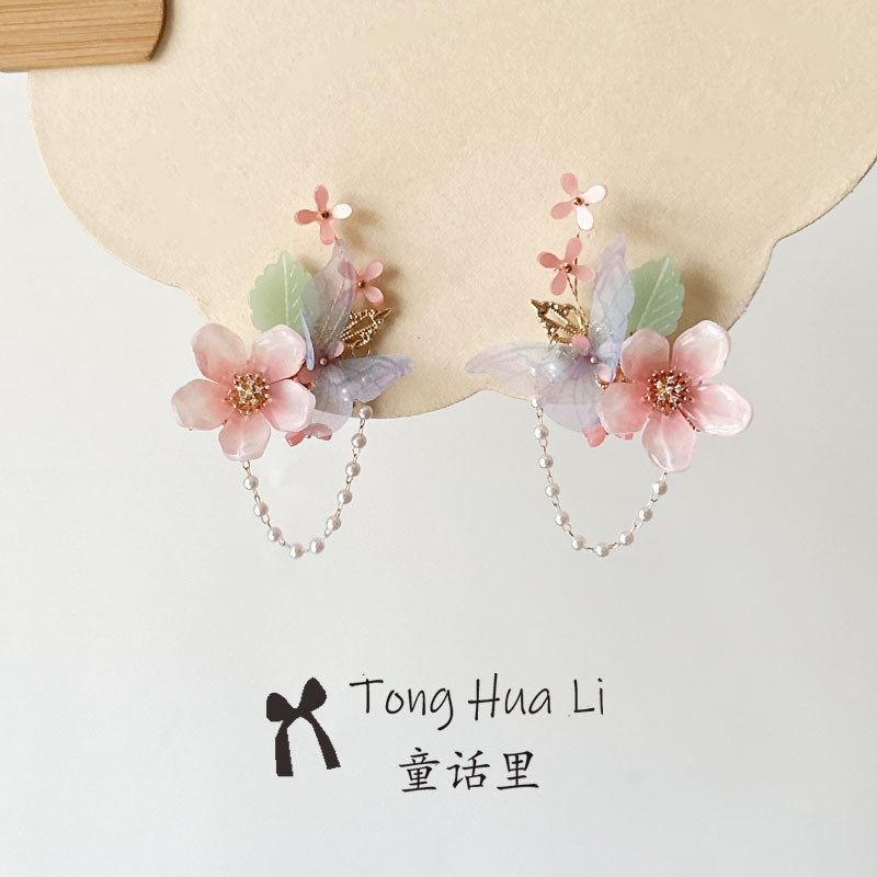 【如怡】薄纱蝴蝶粉色琉璃桃花古风鸭嘴夹发夹古典汉服日常头饰,童装/婴儿装/亲子装,发饰,淘宝优惠券,粉丝福利购,淘宝优惠卷