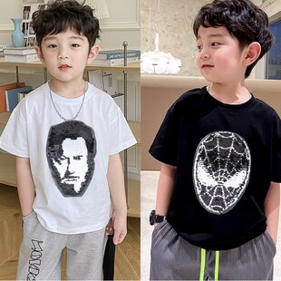 儿童亮片可变图案衣服短袖双面反转变脸闪光鳞片变色亮片t恤童装