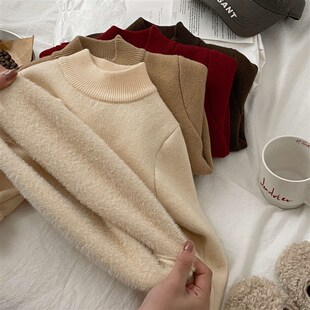 2024秋冬新款儿童半高领一体绒毛衣男女童加绒保暖针织衫厚实打底