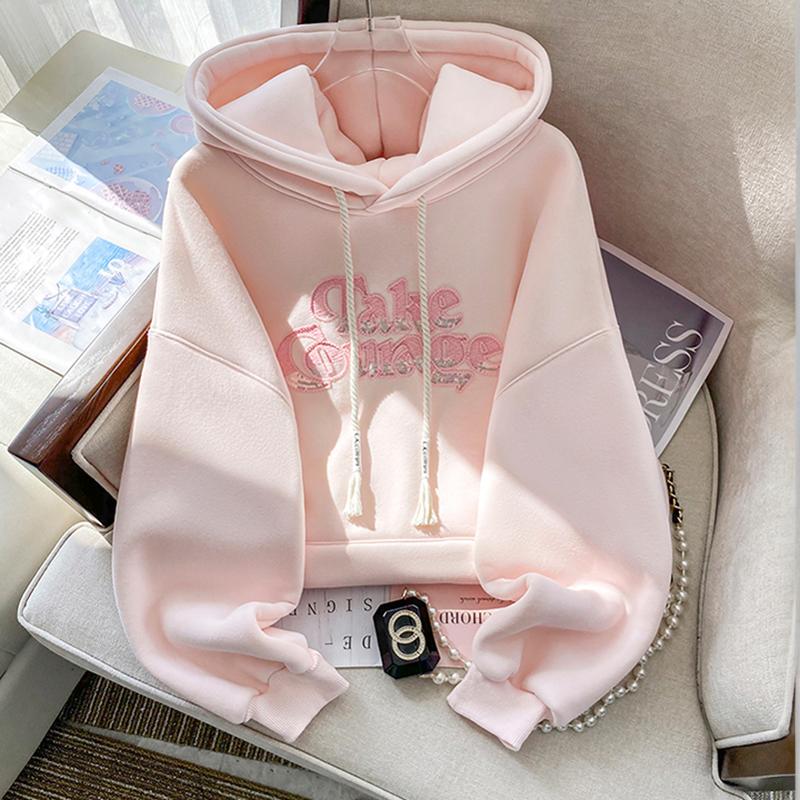 粉色连帽卫衣女士2024早秋新款洋气F刺绣大码宽松慵懒加绒休闲外