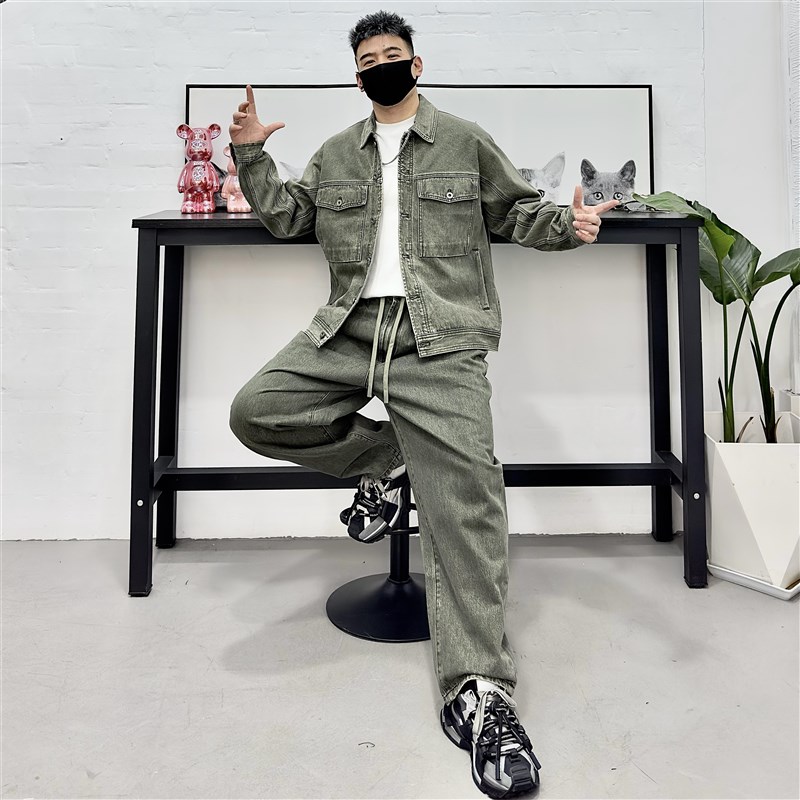 美式复古牛仔夹克套装男士春装纯色简约工K装夹克宽松长裤两件套