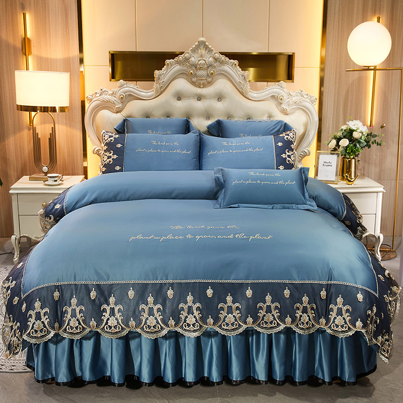 夹棉加厚欧式床裙四l件套绣花蕾丝床单真丝刺绣被套冰丝床罩1 8m