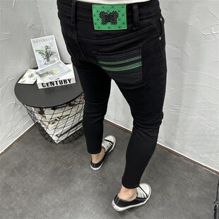 时尚经典百搭刺绣水洗黑色弹力修B身小脚牛仔裤男士春秋季潮流休
