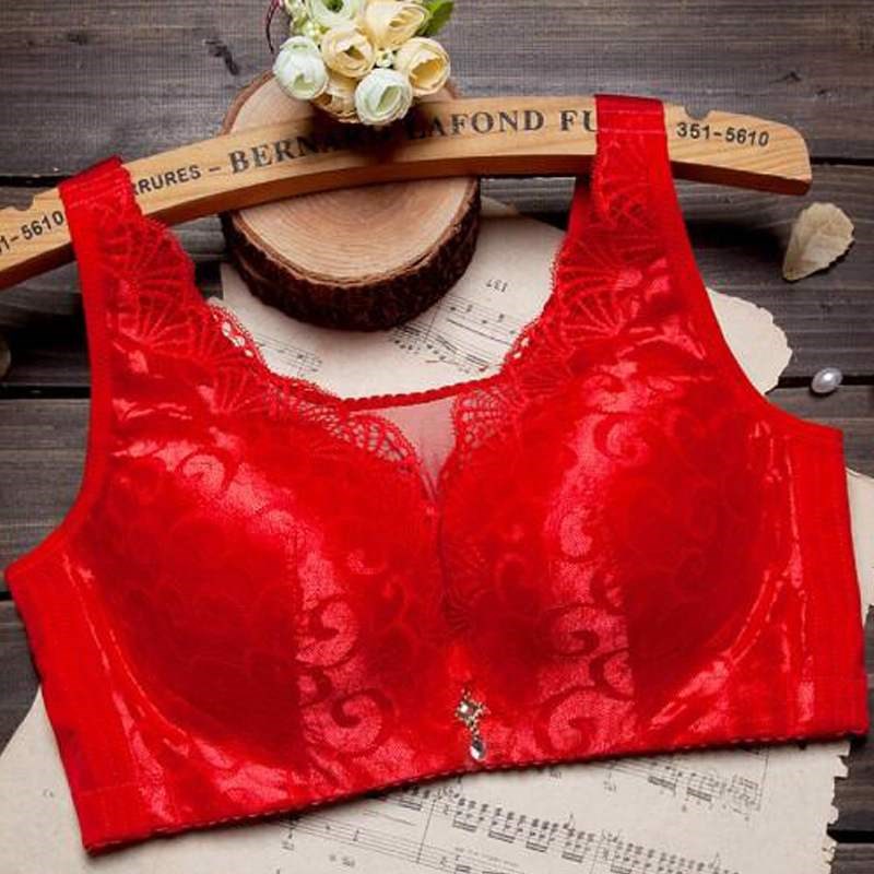 大红无钢圈收副乳大码中薄款文胸全罩杯防走光调整型聚拢女士内衣