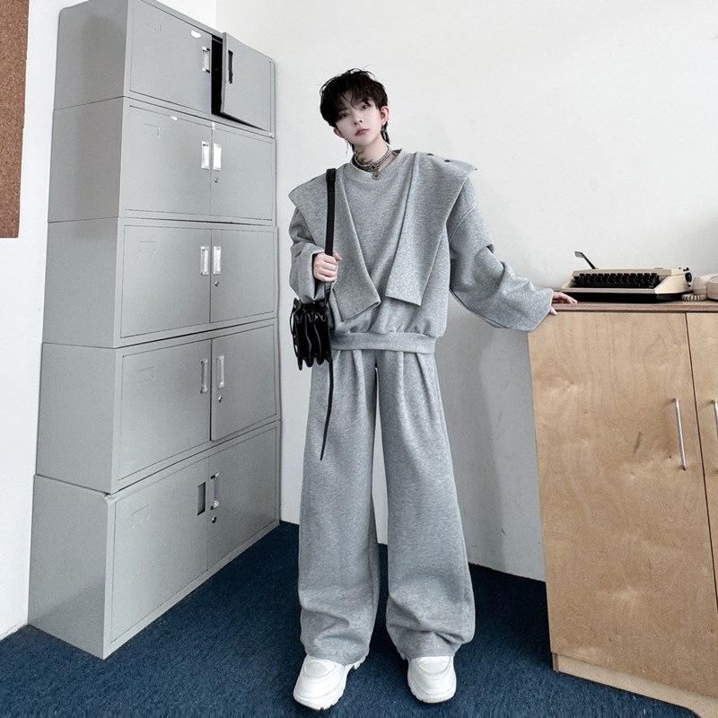 2024秋装韩版休闲运动卫衣套装男可拆卸连帽设计感宽松.长裤两件