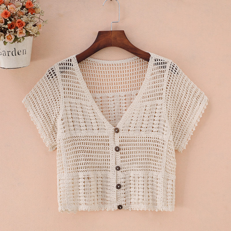 短款蕾丝开衫吊带裙外搭小披肩镂空上衣女式短袖早秋薄款坎肩外套