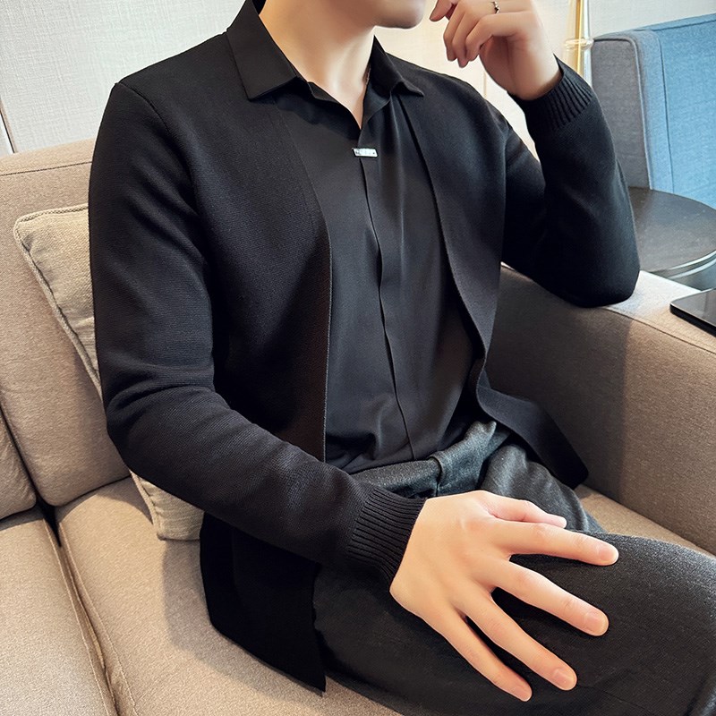 男士2024春秋季高级q感假两件针织开衫无痕衬衫领外套男黑色毛衣