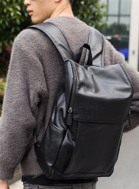 新款2021潮流男士双肩包 斜跨软皮男士旅行包学生书包磨砂背包