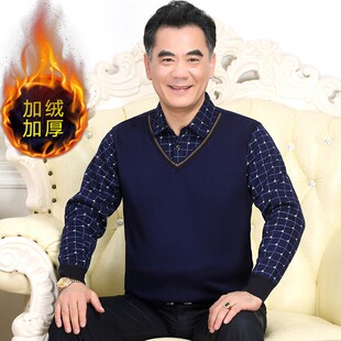 秋冬装中年男假两件套毛衣加绒z加厚爸爸装衬衫领中老年人保暖上