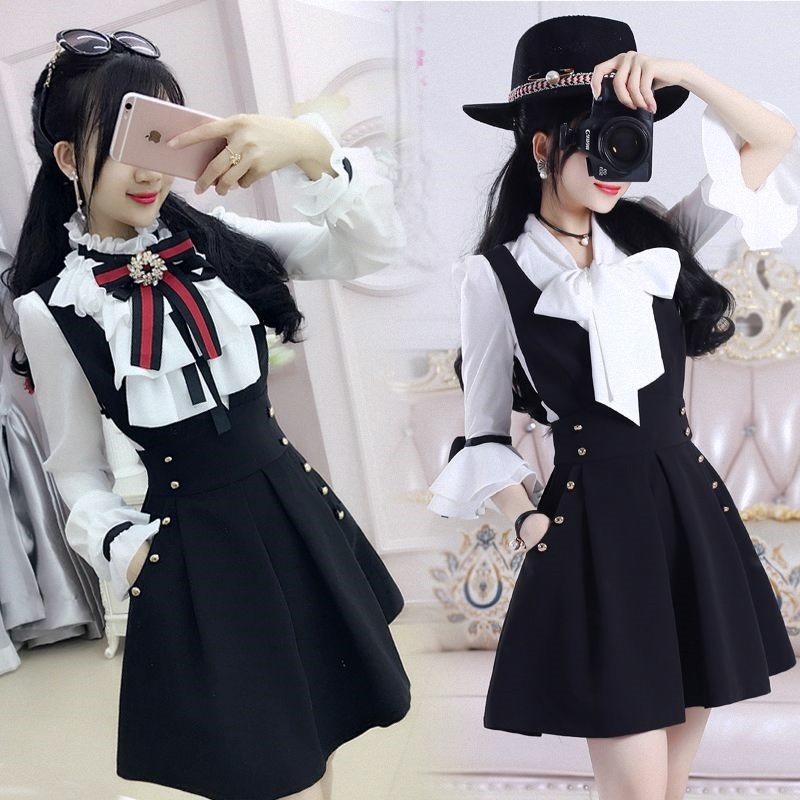 春秋季新款黑色大v领背带连衣裙女学生韩版修身显瘦时尚新款A字裙