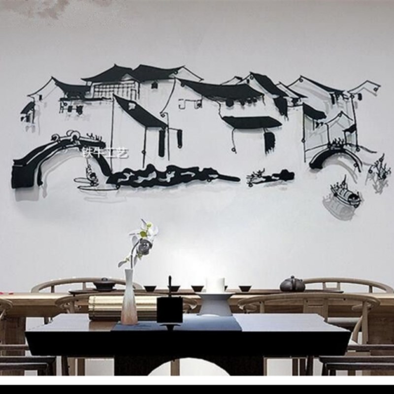 中式徽派建筑手绘墙模板江南水镇涂鸦小桥流水墙面绘画庭院装饰