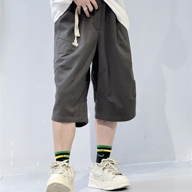 25春夏新款美式潮牌剪q裁重磅纯棉休闲裤男宽松百搭直筒阔腿七分