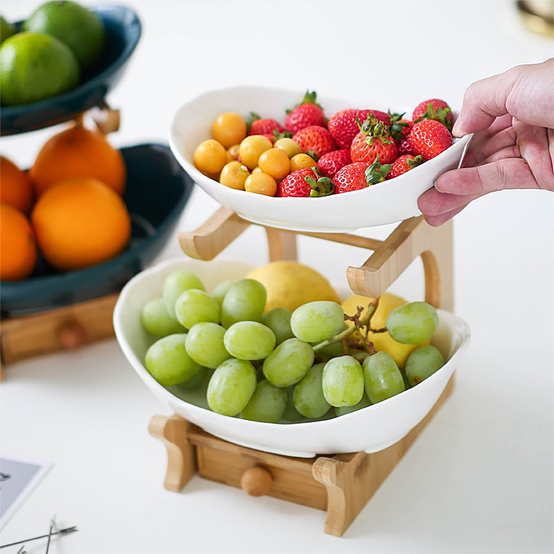 捡漏双层陶瓷水果盘水果篮子送礼品家用果盆创意果盆竹木底座收纳