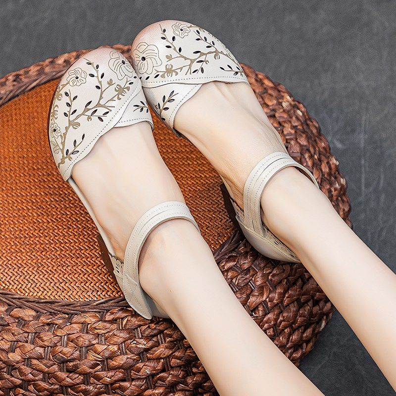 夏季新款真皮粗跟女鞋中跟复古妈妈鞋民族风圆头软底镂空女士凉鞋,女鞋,一字带凉鞋,淘宝优惠券,粉丝福利购,淘宝优惠卷